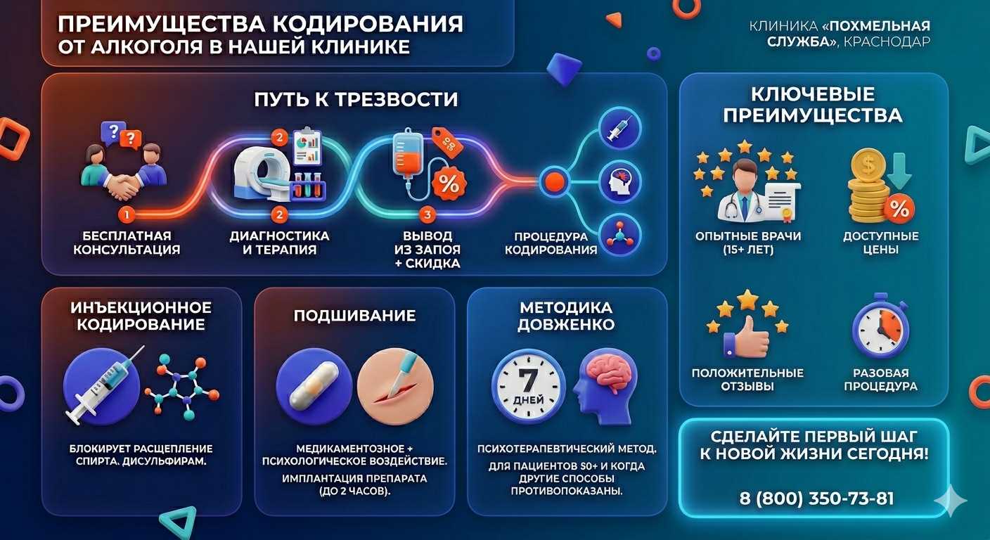 Инфографика о методах кодирования от алкоголя в Тельмане: инъекции, подшивание, метод Довженко. Преимущества клиники и этапы лечения.