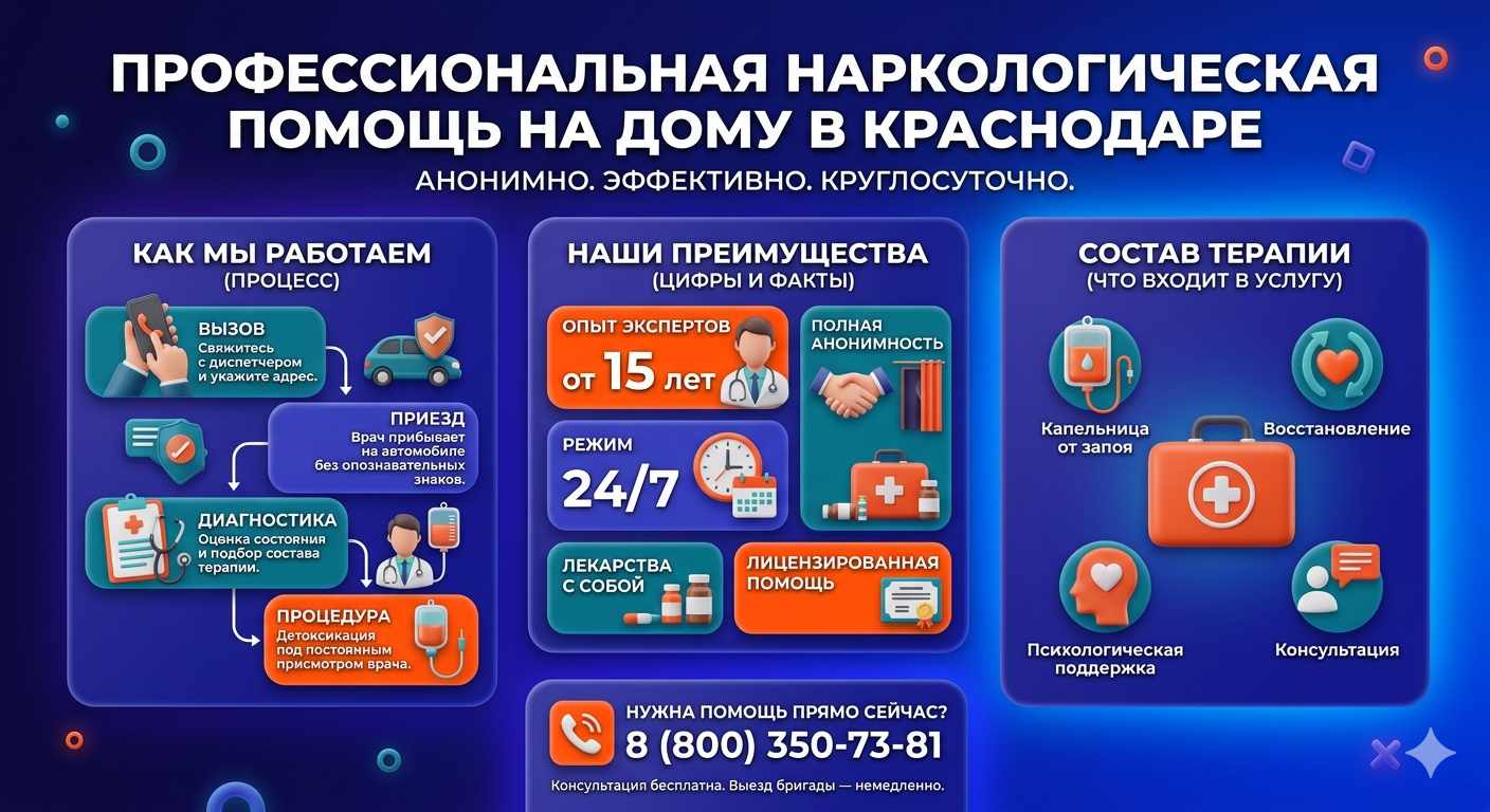 Инфографика о принципах лечения алкоголизма на дому в Тельмане: этапы вызова нарколога, преимущества анонимной детоксикации и состав медицинской помощи.